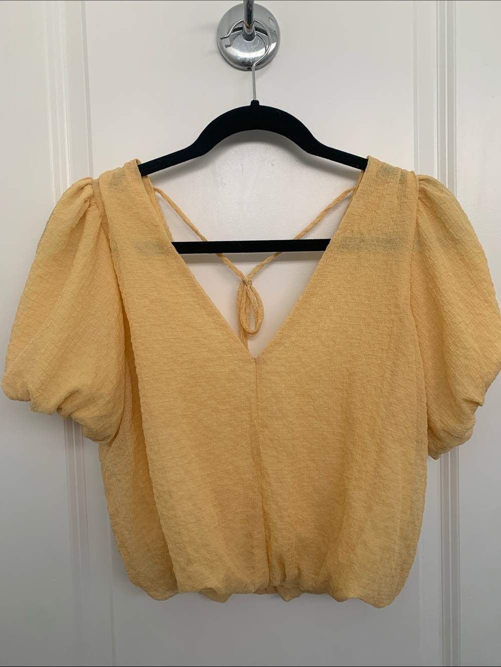 Astr Yellow Puff Sleeve V-Neck Blouse with Back Tie